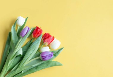 Paskalya için lalelerle dolu Bahar tebrik kartı, Anneler Günü.