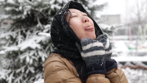재미있는 소녀가 겨울에 눈송이를 야외에서 매력적 소녀의 초상화를 — 비디오
