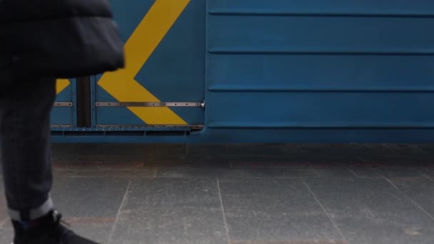 Mavi Metro Treni Hareket Ediyor Metro Istasyonundan Manzara Metro Istasyonunda — Stok video