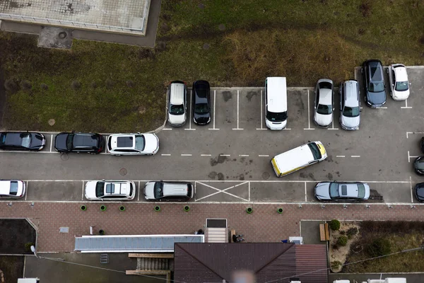 Car Parking Lot Old House Buildings Aerial View Living Sector — Stock Photo, Image