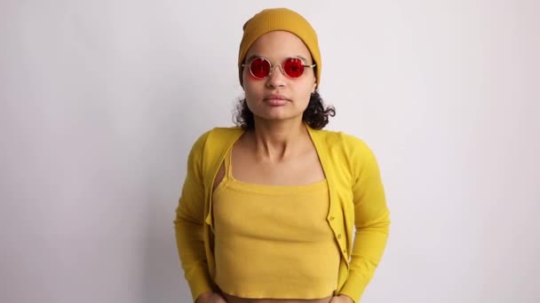 Portrait Cool African Girl Red Stylish Sunglasses Yellow Sweater Looking — Stock Video