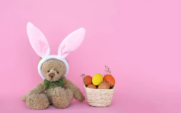 Easter Eggs Woven Basket Bear Toy Isolated Pink Background — Stock Photo, Image