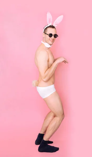 Полный Телесный Портрет Сексапильного Веселого Мужчины Пушистых Ушах Развлекающегося Розовом — стоковое фото