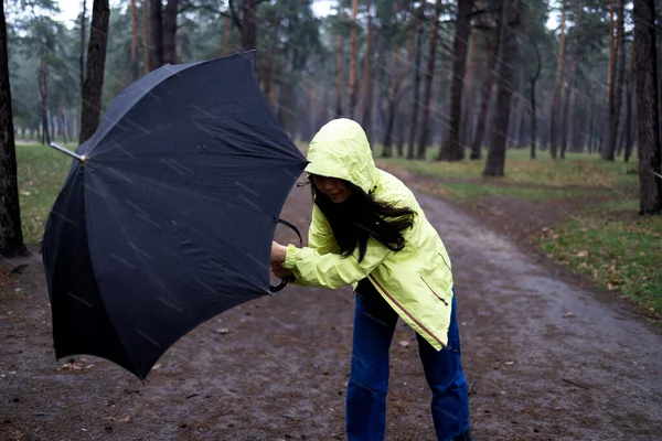 Жінка Намагається Тримати Парасольку Під Сильним Вітром Лісі — стокове фото