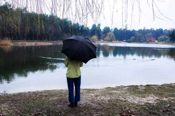Visszapillantás Egy Fekete Esernyővel Álló Nőre Tóban — Stock Fotó