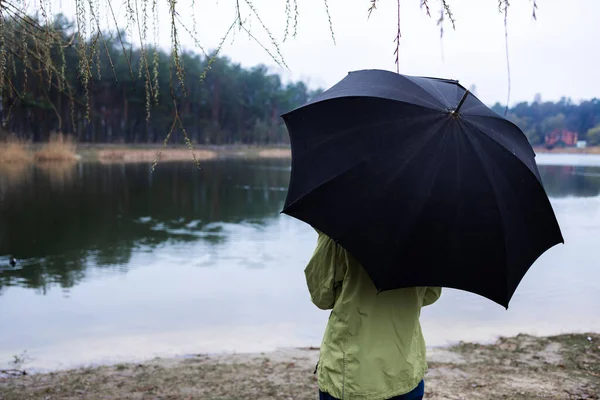 Back view of woman with an black umbrella standing in lake