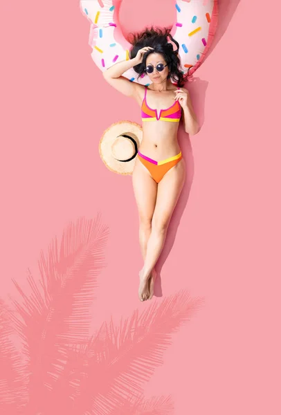 Draufsicht Junge Sexy Asiatische Frau Schlanken Körper Tragen Roten Badeanzug — Stockfoto