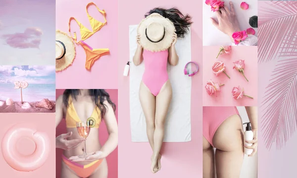 Set of trendy aesthetic photo collages about summer holidays. Minimalistic images of one top color. Pink moodboard.