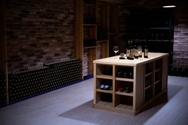 Wine Cellar Bottles Wooden Shelves — Stock Photo, Image