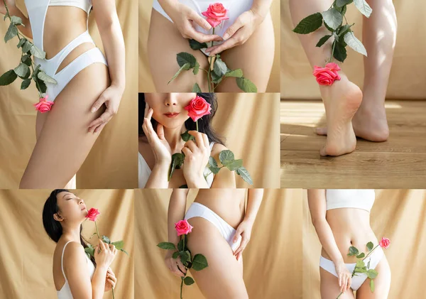 Colagem Partes Corpo Jovem Bela Mulher Posando Roupa Interior Isolada — Fotografia de Stock
