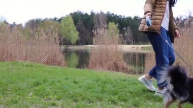 Parkta sahibinin ayaklarının arkasında yürüyen sevimli, genç bir köpek, ağır çekimde. Mutlu iki kişi çimenli sahilde yürüyor.