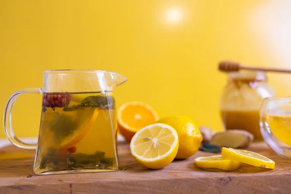 Making Healthy Ginger Tea Lemon Honey Wooden Table Close — Stock Photo, Image