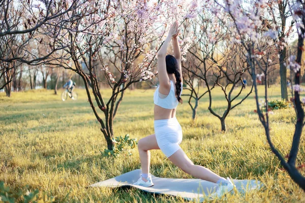 Portret Azjatki Ćwiczącej Jogę Różowo Kwitnącym Polu — Zdjęcie stockowe