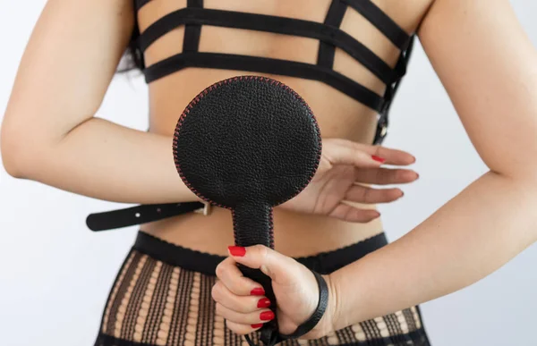Sexy Lady Bdsm Outfit Beauty Woman Attractive Body Whip — Stock Photo, Image