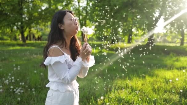 陽射しを背景に緑の野に赤いタンポポを吹いている美しいアジアの女性の肖像画 — ストック動画