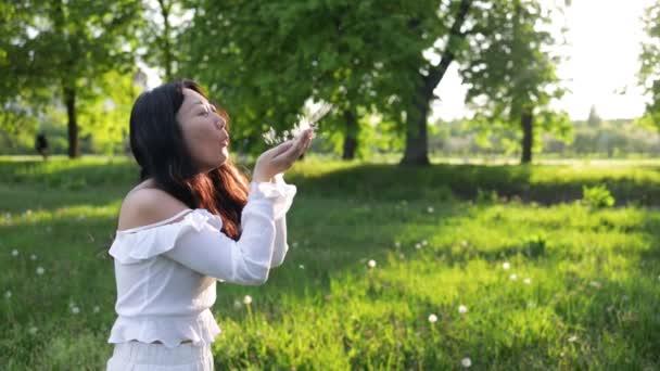 陽射しを背景に緑の野に赤いタンポポを吹いている美しいアジアの女性の肖像画 — ストック動画