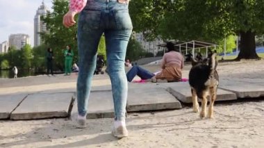 Plajdaki gölün yanındaki parkta küçük bir köpeği gezdiren genç bir kız..