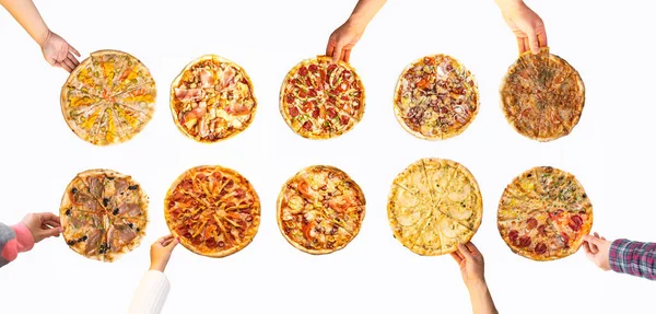 Stor Uppsättning Pizza Isolerad Vit Bakgrund Utsikt Uppifrån Vänner Händer — Stockfoto