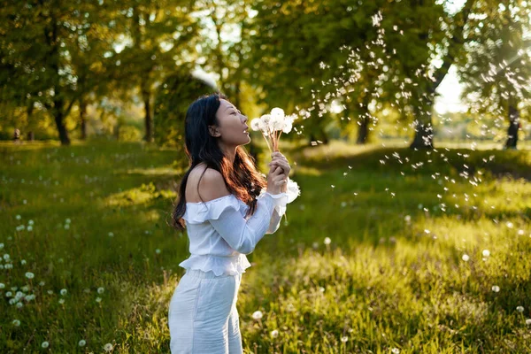 Portrait Beautiful Asian Woman Blowing Ripened Dandelion Green Field Background — Stock Photo, Image