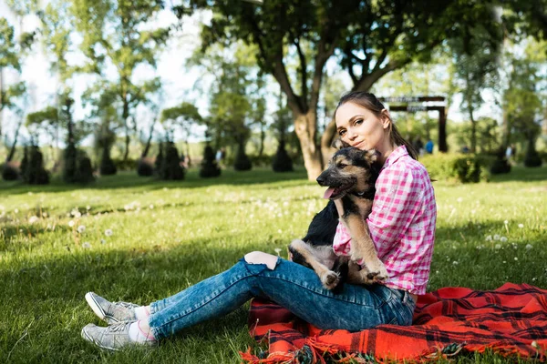 Foto Van Jonge Mooie Vrouw Met Een Hond Een Grasveld — Stockfoto