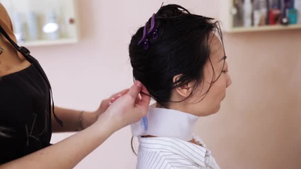 Hairdresser Trimming Brown Hair Scissors Woman Cutting Hair Barber Scissors — Vídeo de Stock