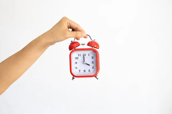 Time Management Punctuality Awakening Concept Unrecognizable Woman Holds Little Red — Stock Photo, Image