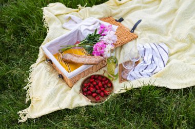 Piknik sepetleri, içecekler, yiyecek ve çiçekler çimlerin üzerinde.