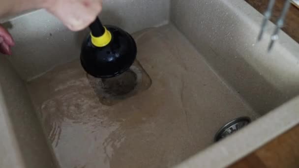 Drain Cleaning Using Plunger Sink Cleaning Drain Hole Blockage Clogged — Stock Video