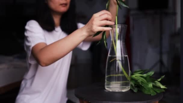 Aziatische Vrouw Zet Pioenrozen Bloemen Vaas Huisvrouw Genieten Van Decor — Stockvideo