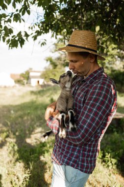 Kafkas görünümlü mutlu bir adam, bir çiftçi en sevdiği keçisini kucaklar ve kucaklar. Küçük bir keçi. Yazın kırsal alan kavramı. Açık hava eğlencesine yakın.