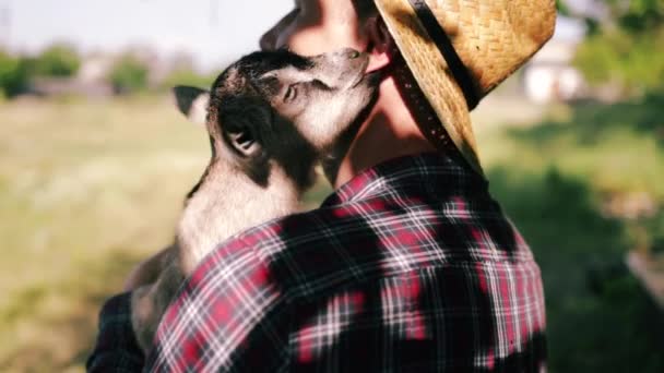 Homme Heureux Apparence Caucasienne Fermier Tient Étreint Chèvre Préférée Une — Video