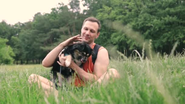 かわいい小さな犬と彼の所有者が公園で屋外で一緒に遊んでいます 毛皮の犬は男の親友とのパテと楽しい時間を楽しんでいます 公園の芝生でお楽しみください ハーネス付き犬 — ストック動画