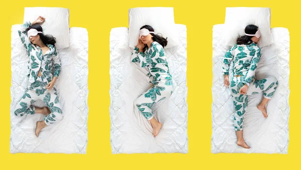 Különböző Pózok Egy Alvó Asszonyról Női Oldalsó Alvó Magzati Pozíció — Stock Fotó