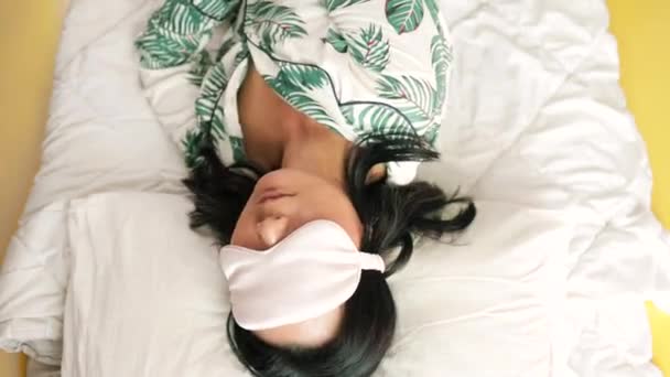 View Young Asian Good Looking Woman Eye Mask Waking Morning — Stock Video