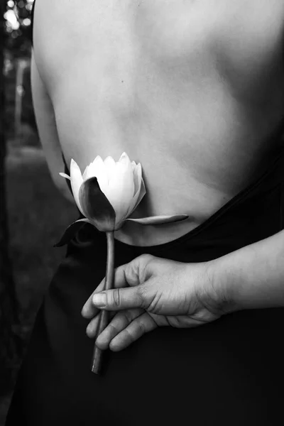 Schöne Junge Frau Grünen Seidenen Abendkleid Mit Seerosenblume Freien — Stockfoto