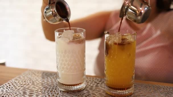 Woman Barista Making Iced Black Coffee Orange Juice Takeaway Glass — Vídeo de Stock