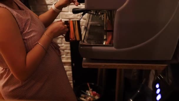 Pregnant Woman Barista Whips Milk Pitcher Hot Steam Coffee Machine — Video Stock