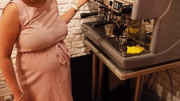 Pregnant Woman Barista Whips Milk Pitcher Hot Steam Coffee Machine — стоковое видео