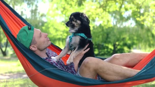 Hammocks Milda Inflytande Sommarskogen Transporterar Människa Och Hund Till Ett — Stockvideo