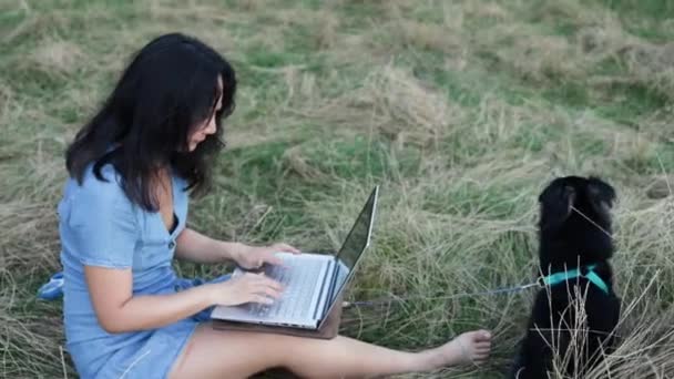 Schneiden Kleiner Hund Auf Gras Liegend Während Asiatische Mädchen Neben — Stockvideo