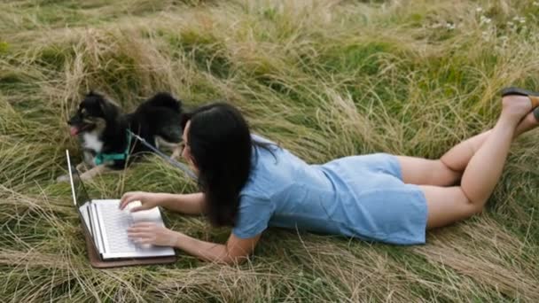 Schneiden Kleiner Hund Auf Gras Liegend Während Asiatische Mädchen Neben — Stockvideo