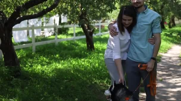 Paar Geht Mit Hund Sommerpark Spazieren — Stockvideo