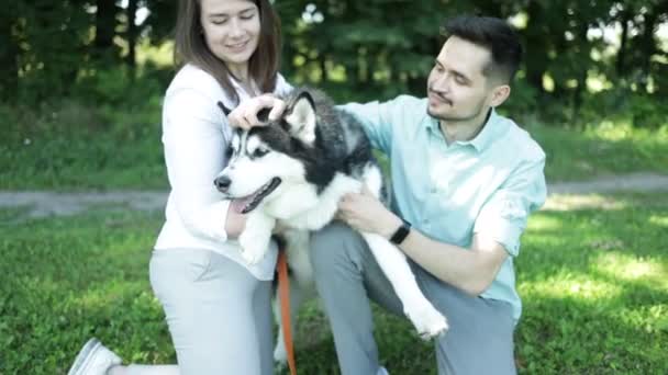 Unga Glada Par Med Sibirisk Husky Hund Sommarparken — Stockvideo