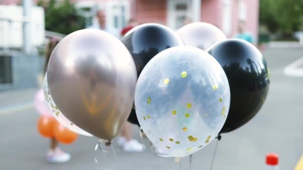 Рядок Кульок Звисають Між Деревами Парку Вечірки День Народження Відкритому — стокове відео