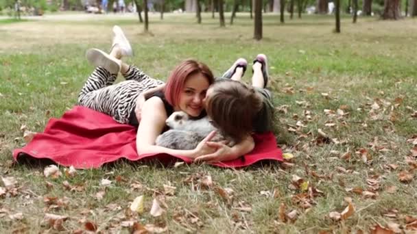 Мать Ребенок Обнимают Кролика Открытом Воздухе Осеннем Парке — стоковое видео