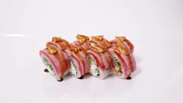 Sushi Rolka Zdobená Citrónem Souprava Sushi Tradiční Japonské Jídlo Zdravé — Stock video