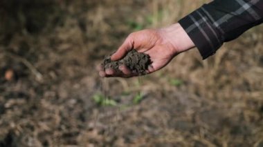 Toprak, toprak, toprak, toprak, toprak, organik bahçe, tarım gibi tarlalarda erkek ellerinin kuru topraklara dokunması. Doğa yakın. Çevresel doku, örüntü. Çamur sahada