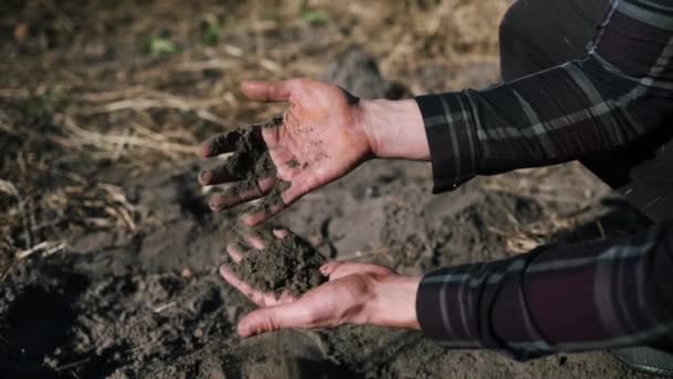 Detailní Záběr Mužských Rukou Dotýkajících Suché Půdy Zemědělském Poli Půda — Stock video