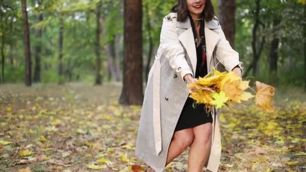 Happy Young Woman Wearing Red Beret Picking Fallen Maple Leaves — Stock Video