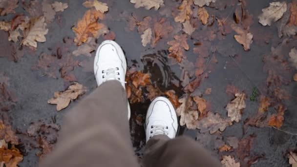 Top View Kadın Ayakları Spor Ayakkabıları Yerlerde Lerliyor Düşen Sarı — Stok video